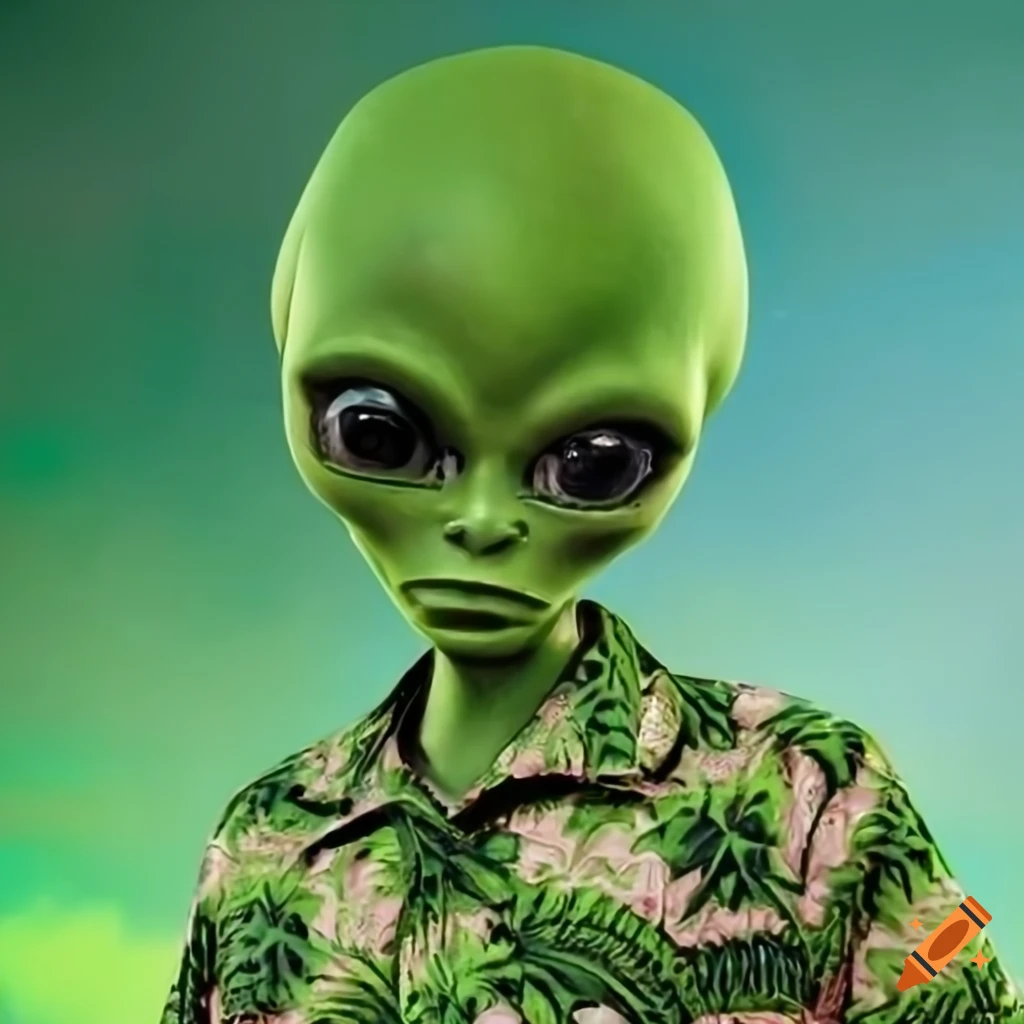 Funny green alien wearing a hawaiian shirt on Craiyon