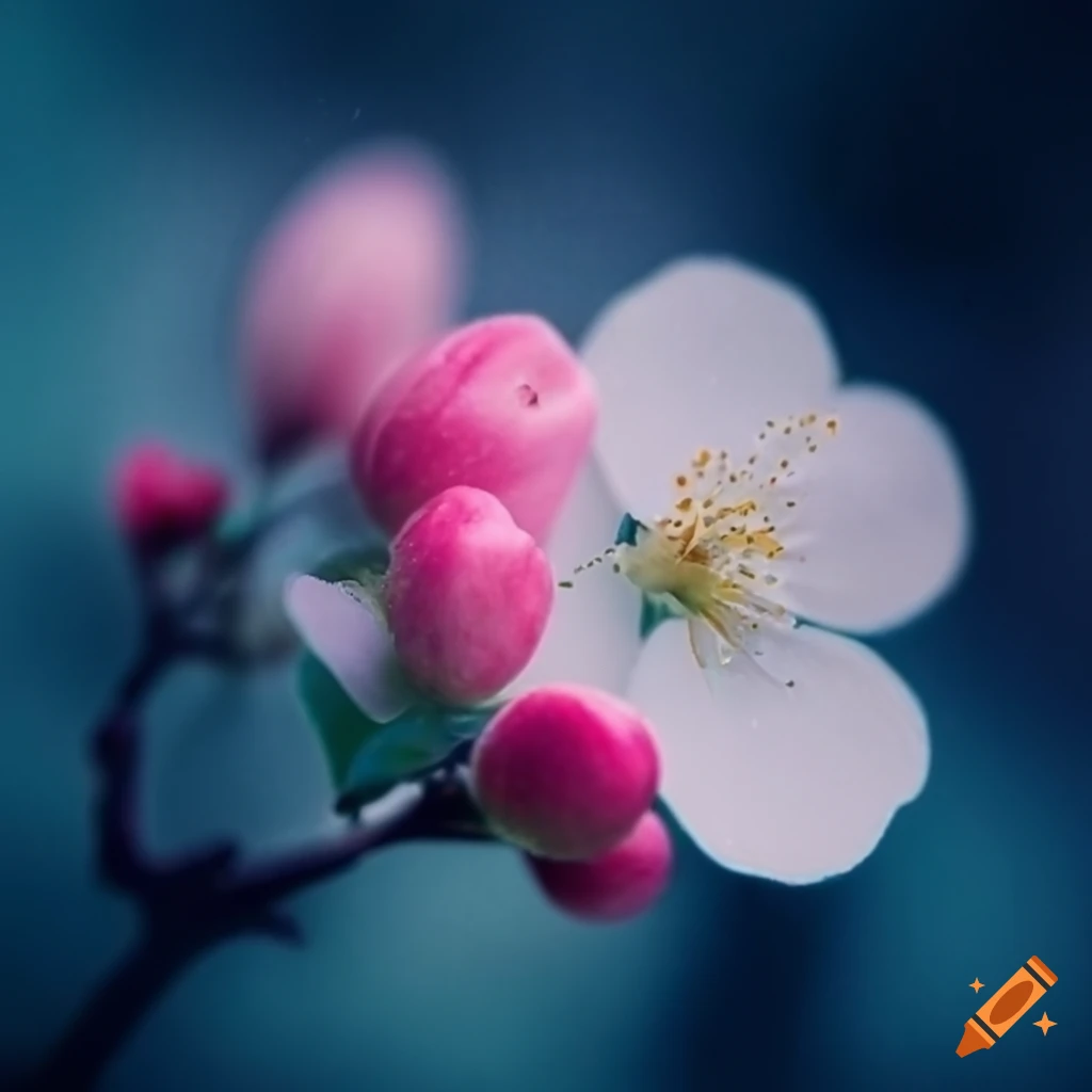 close up of apple blossoms with cyan filter