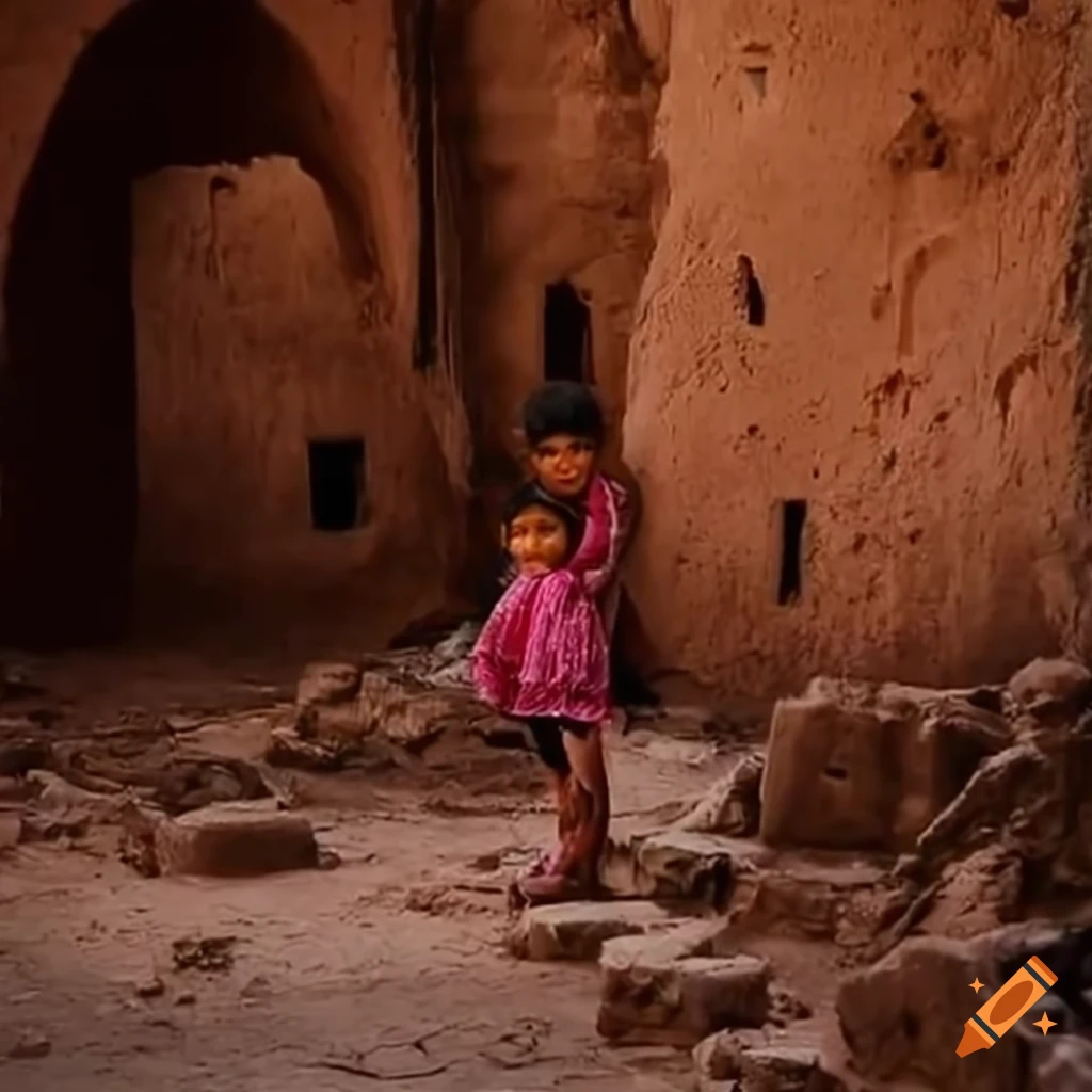 ruins after an earthquake in Morocco with a little girl in the foreground and the Atlas Mountains in the background