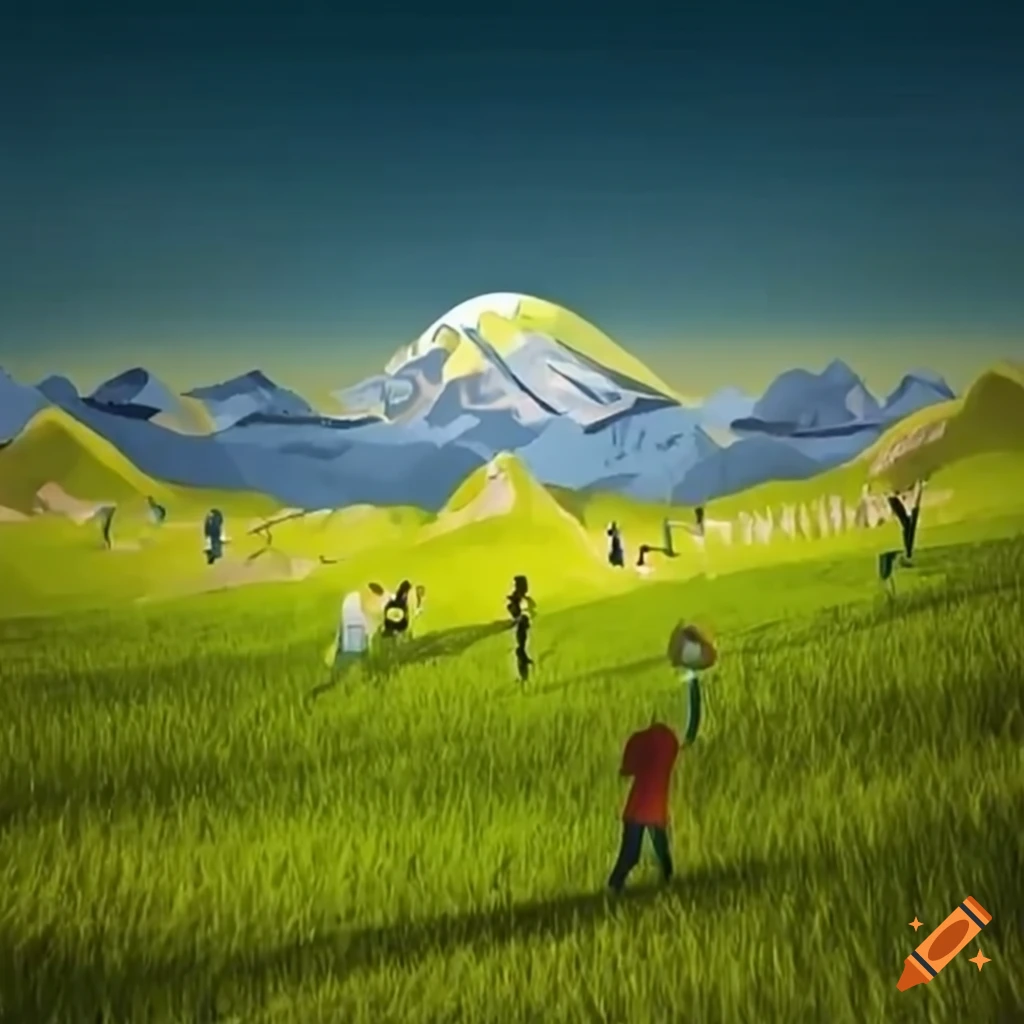 mountains with photovoltaics and people-shaped green grass