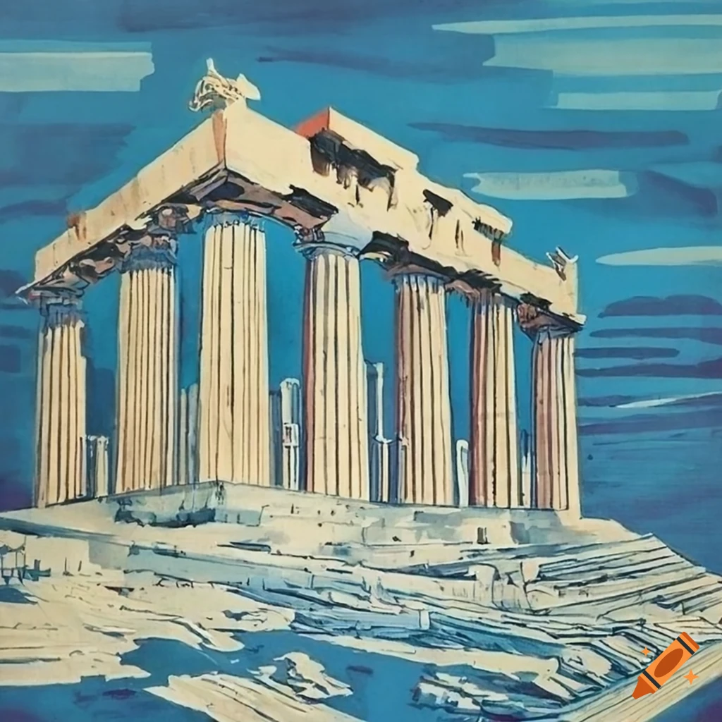 blue and white propaganda poster of Parthenon