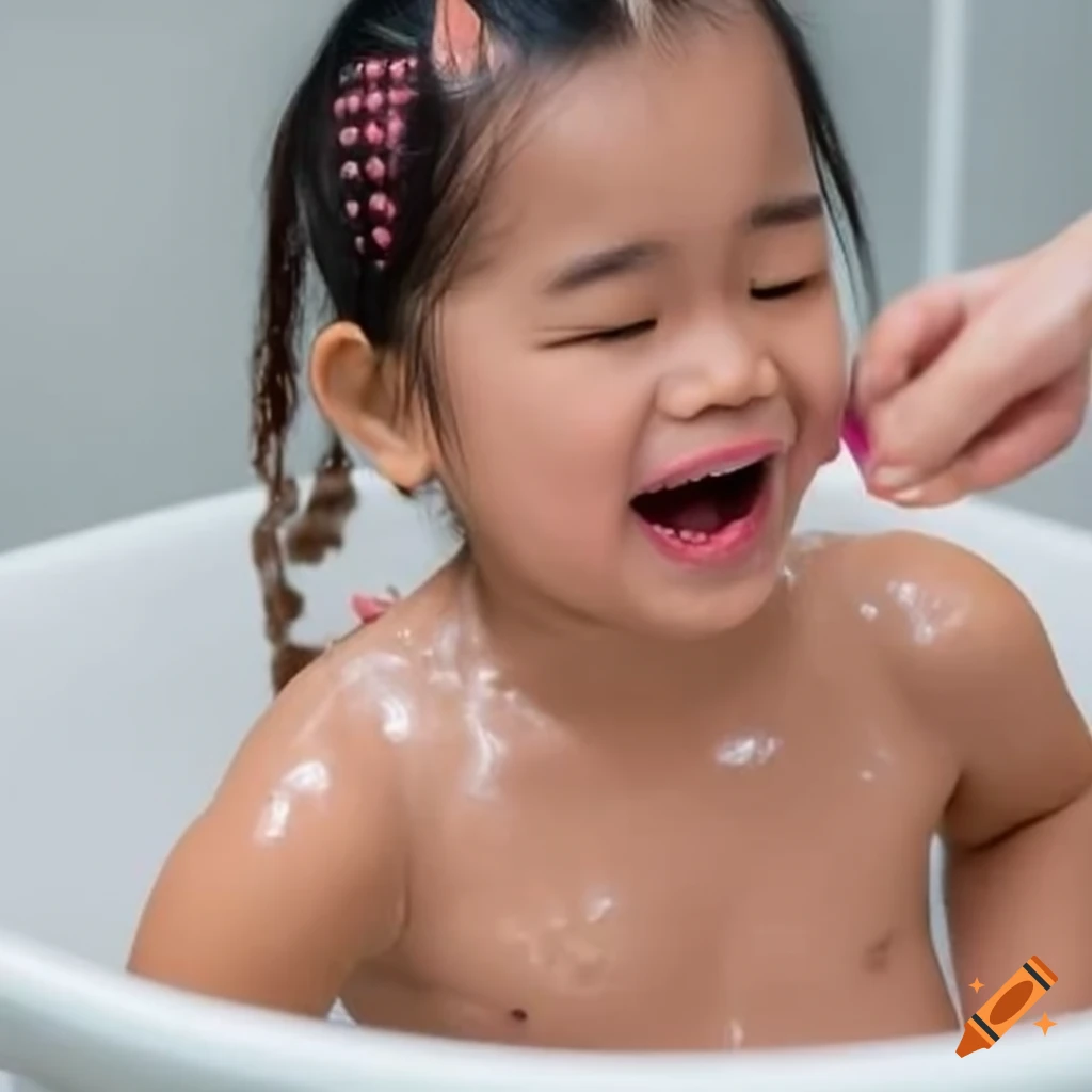 adorable Asian toddler girl enjoying bath time