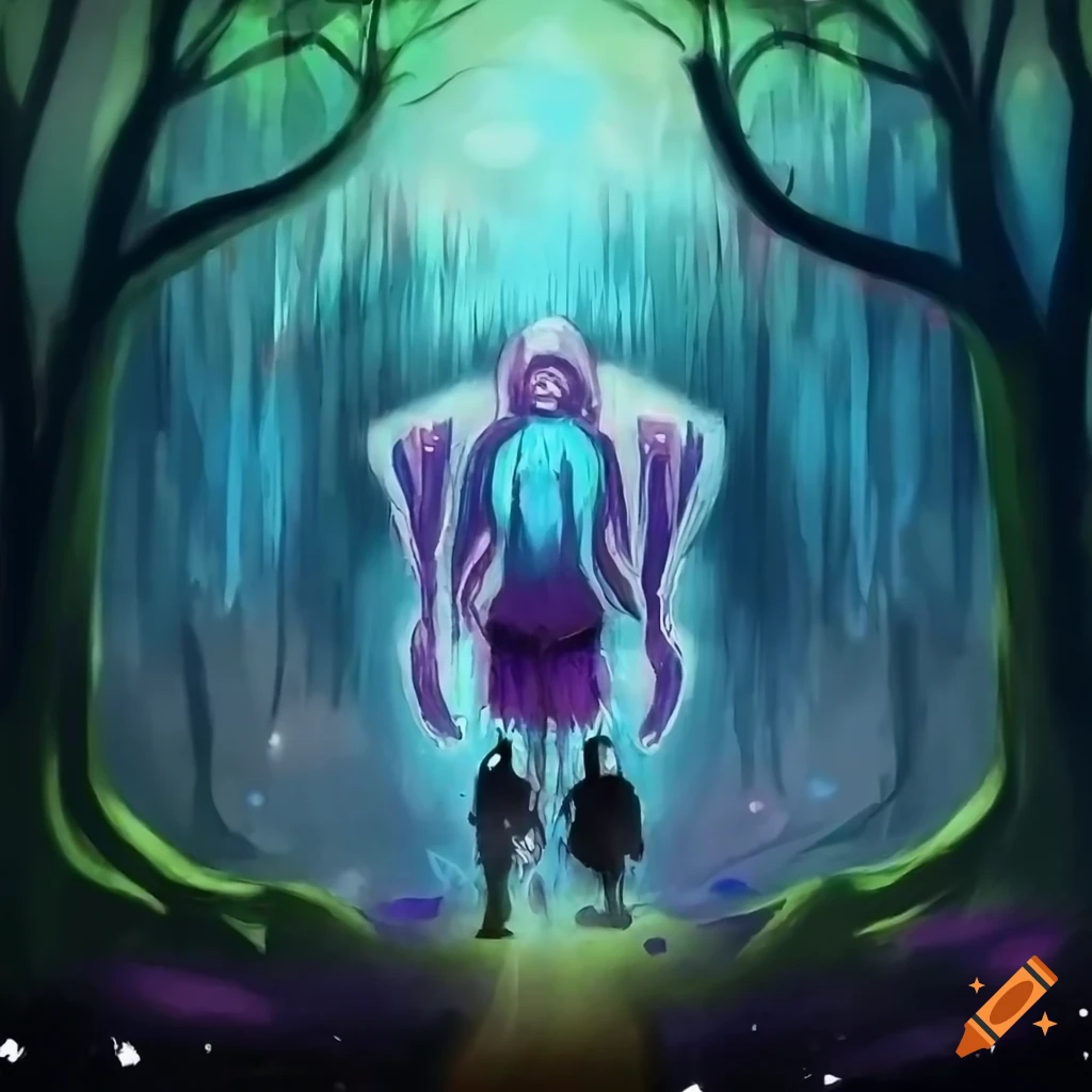 pintura a óleo de uma família fazendo um ritual na floresta