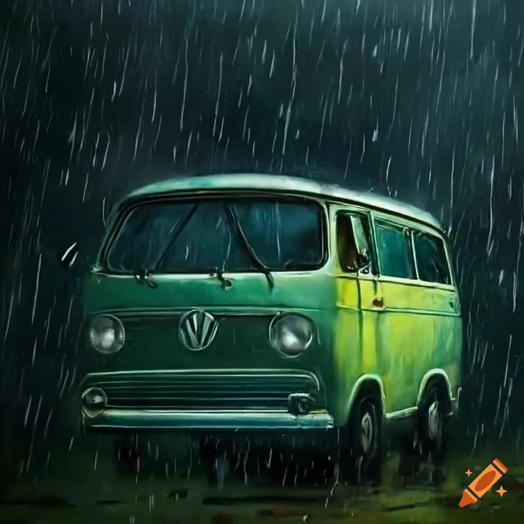 Painting of a vintage green vw t4 in the rain on craiyon