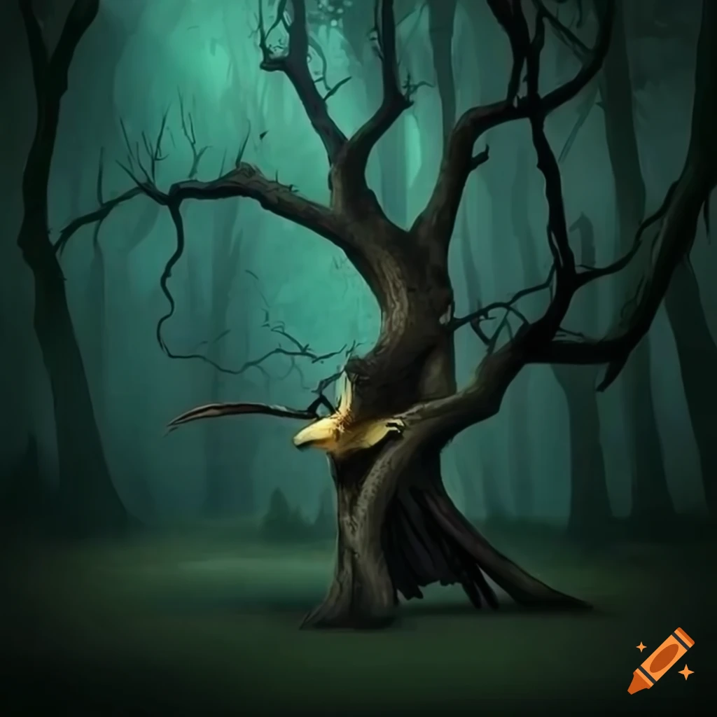 fantasy bird perched on a gnarled tree in a dark forest