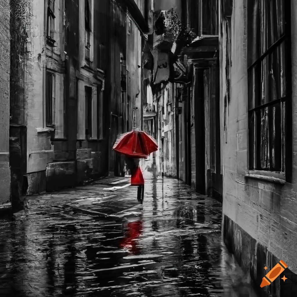 black and white rainy street scene with a woman holding an umbrella