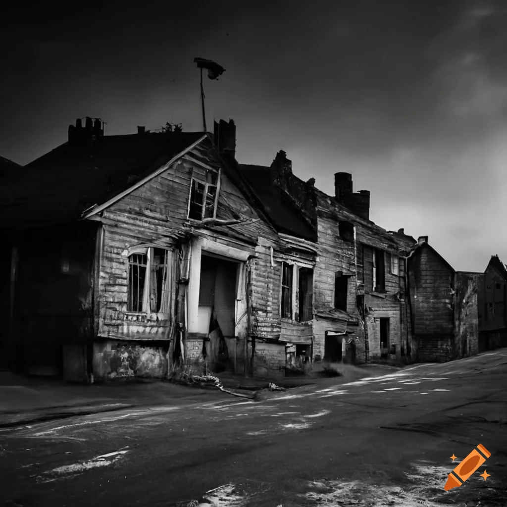 black and white photo of a worn-out neighborhood