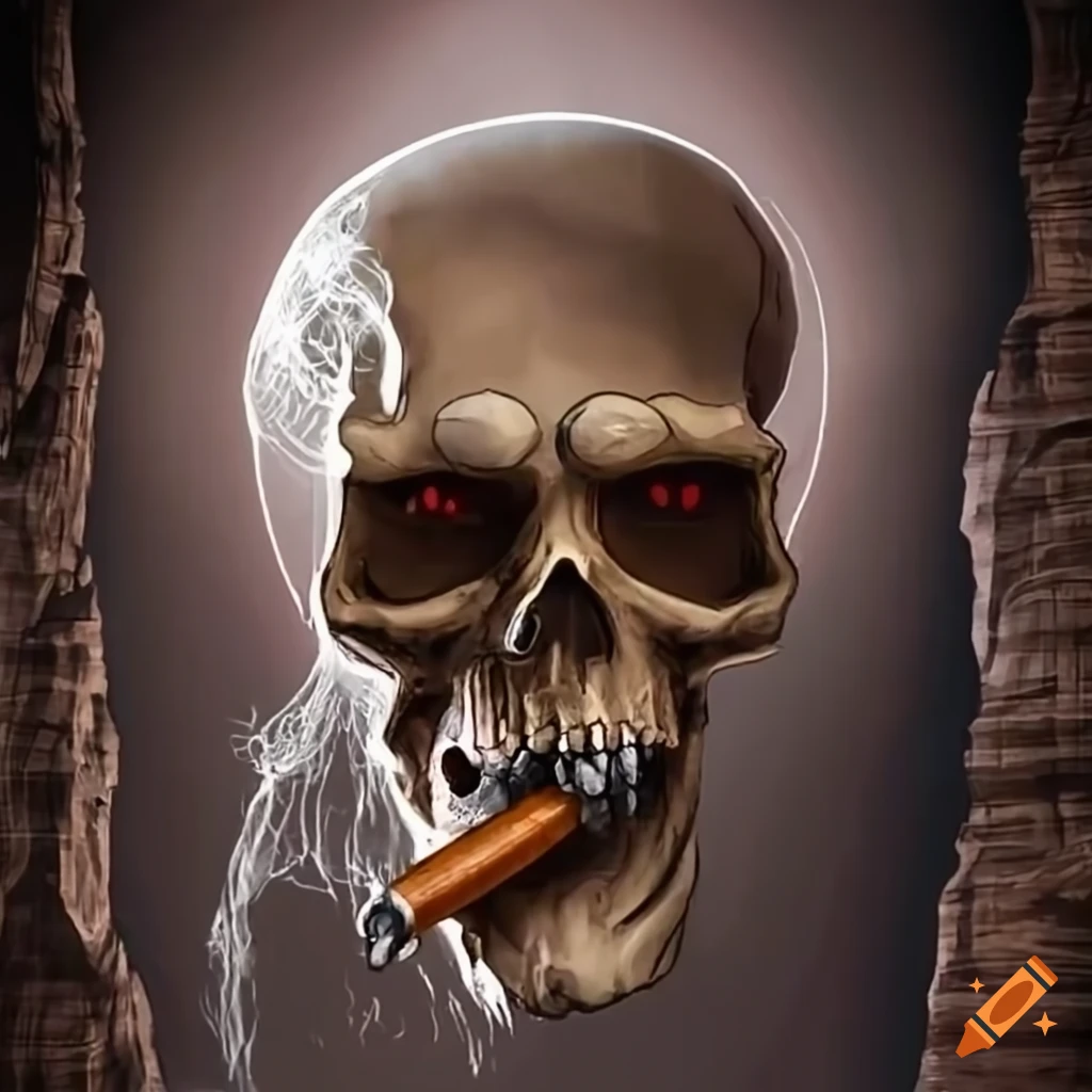 smoking pirate skeleton overlooking a canyon