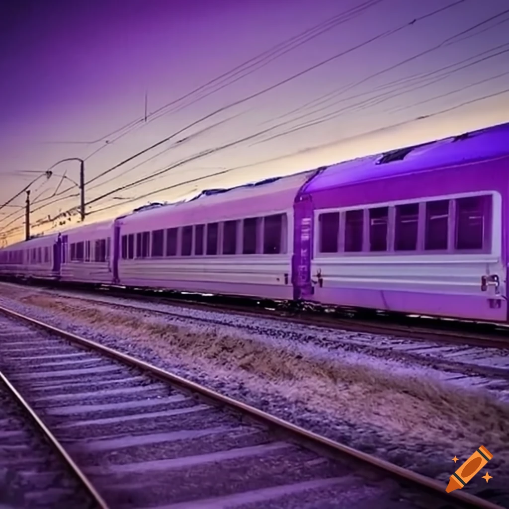 White and purple train on railway tracks on Craiyon