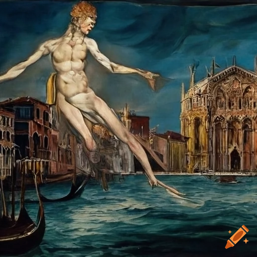 painting of a sinking Venice in the style of Schiele and William Blake