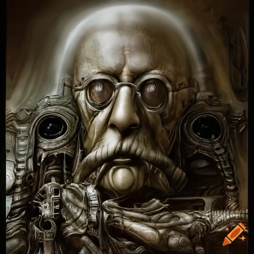 sci-fi illustration of Theodore Roosevelt in an alien biomechanical environment