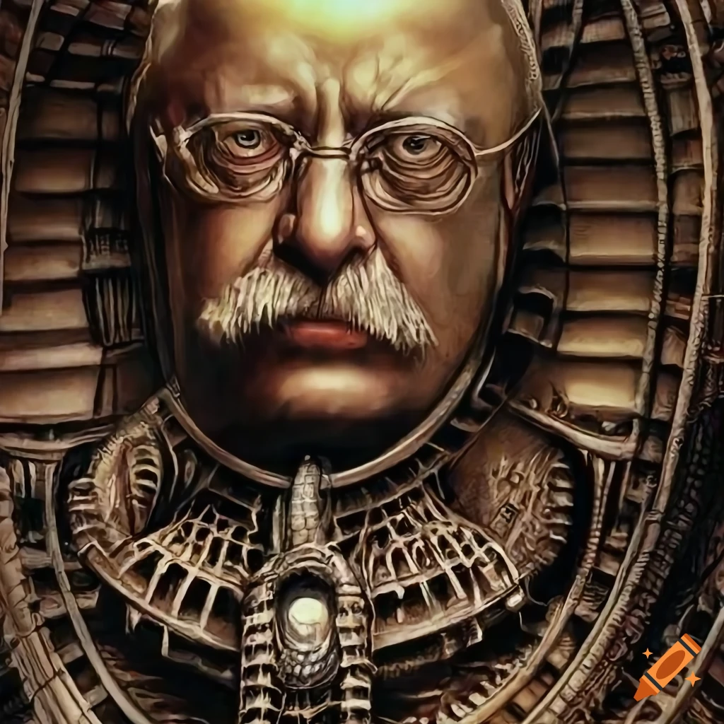 detailed sci-fi illustration of Theodore Roosevelt in an alien biomechanical environment