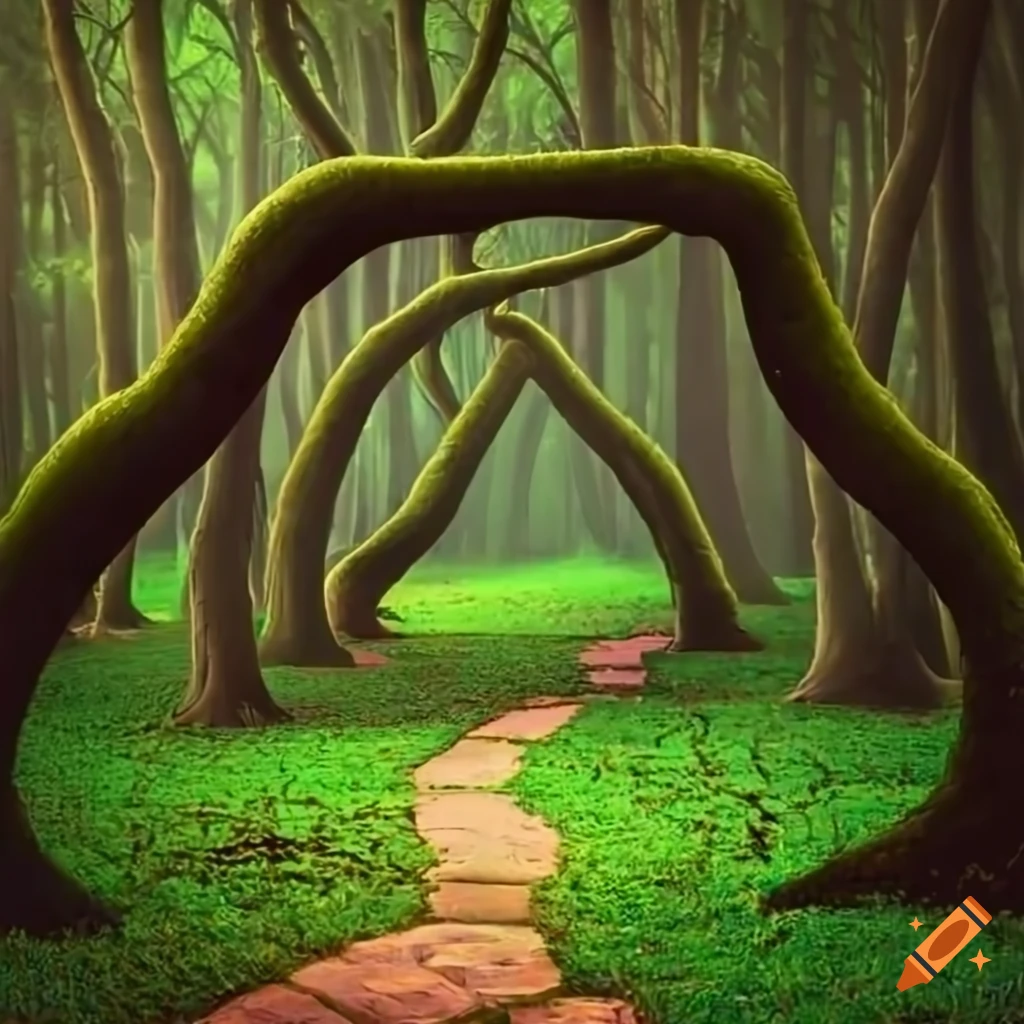 Bright enchanted forest with a flagstone path on Craiyon