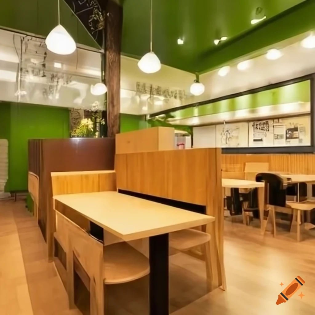 interior of a fast food restaurant with wooden furniture and green walls