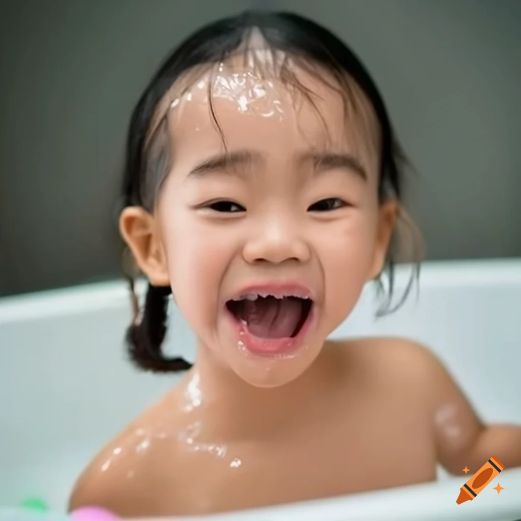 smiling Asian toddler girl enjoying bath time with pigtails and a popsicle