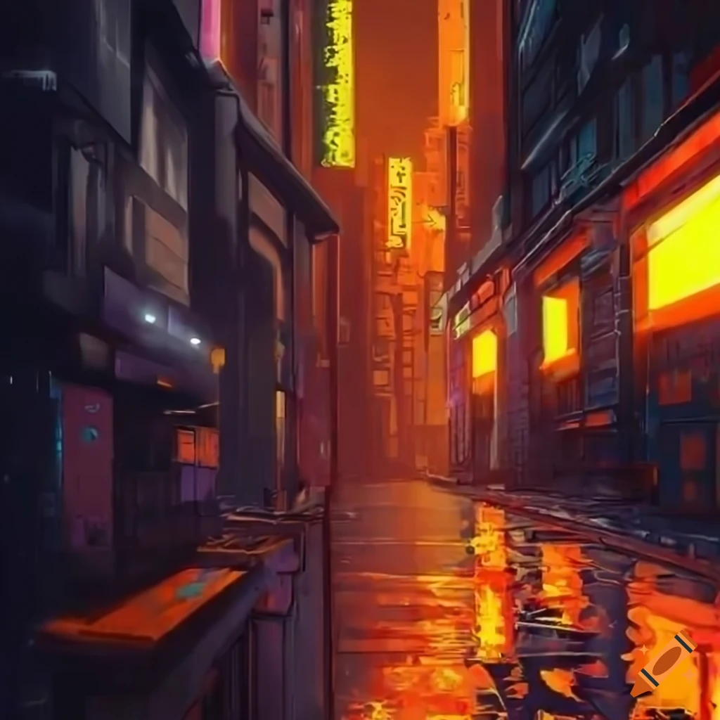 abstract cyberpunk alleyway with yellow and orange tones