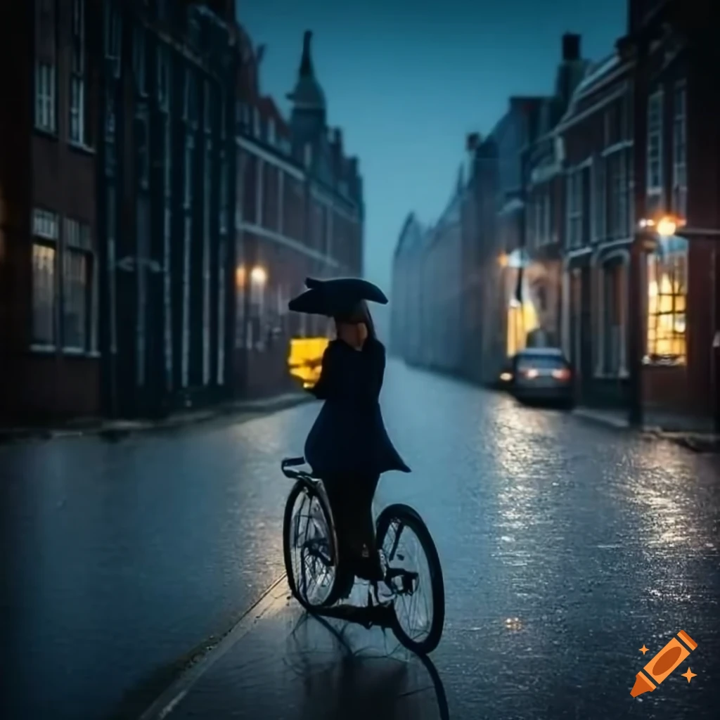 jeune femme sur un vélo hollandais dans un paysage urbain avec traffic par temps de pluie