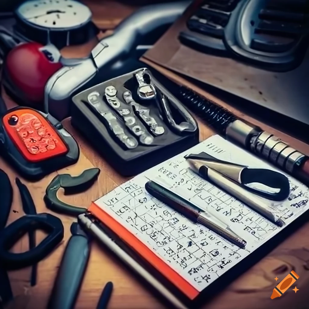 cluttered desk in a mechanic's workshop