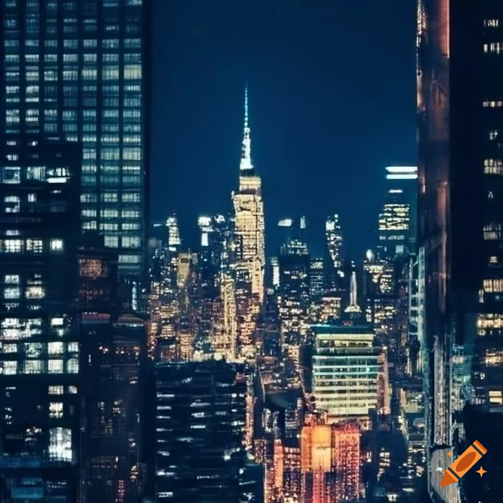 Nighttime skyline of new york city with illuminated cars and shadows on  Craiyon