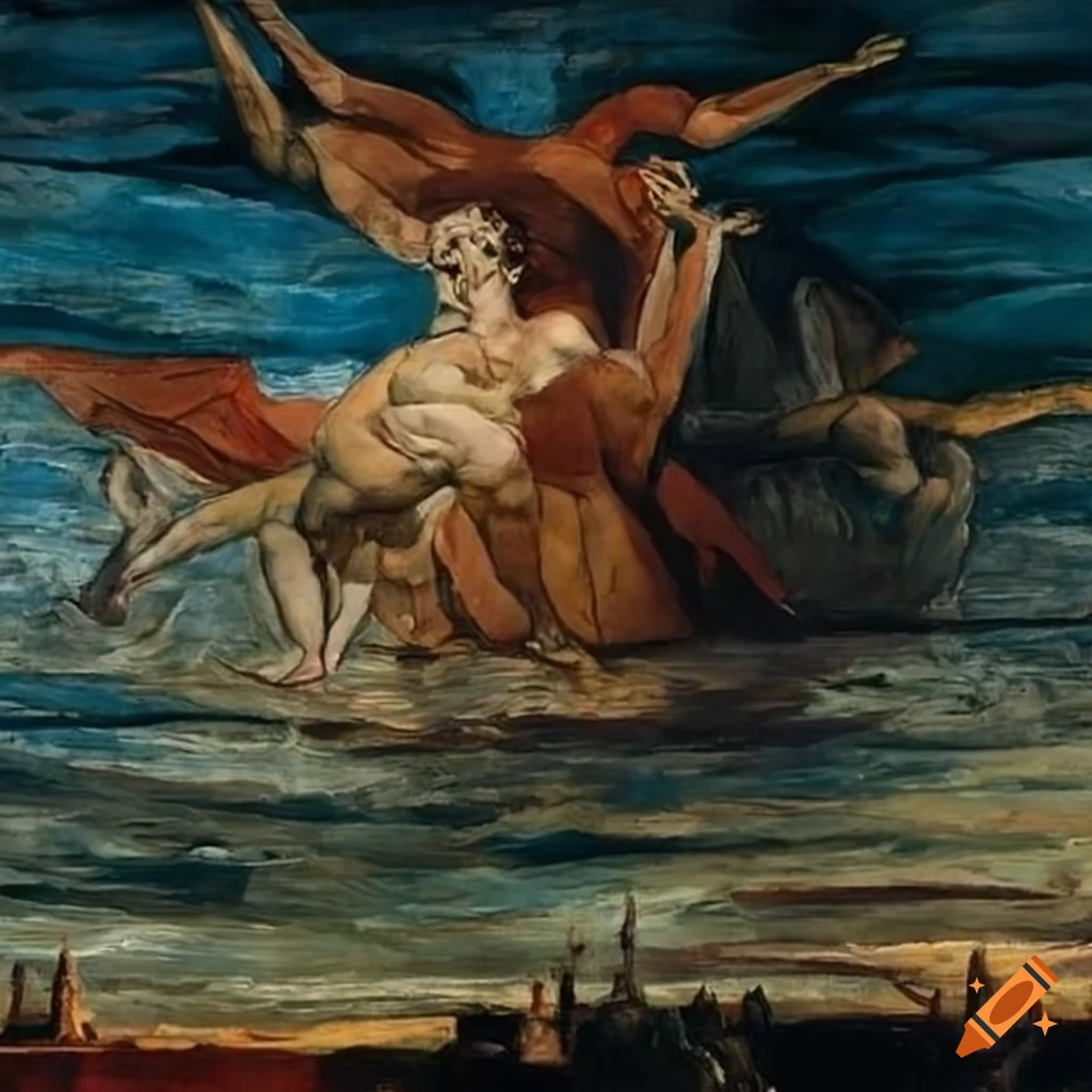 artistic depiction of people flying above Venice canals