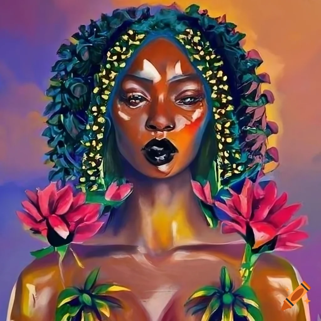 Intricate afrofuturistic painting of three women with flowers in their ...