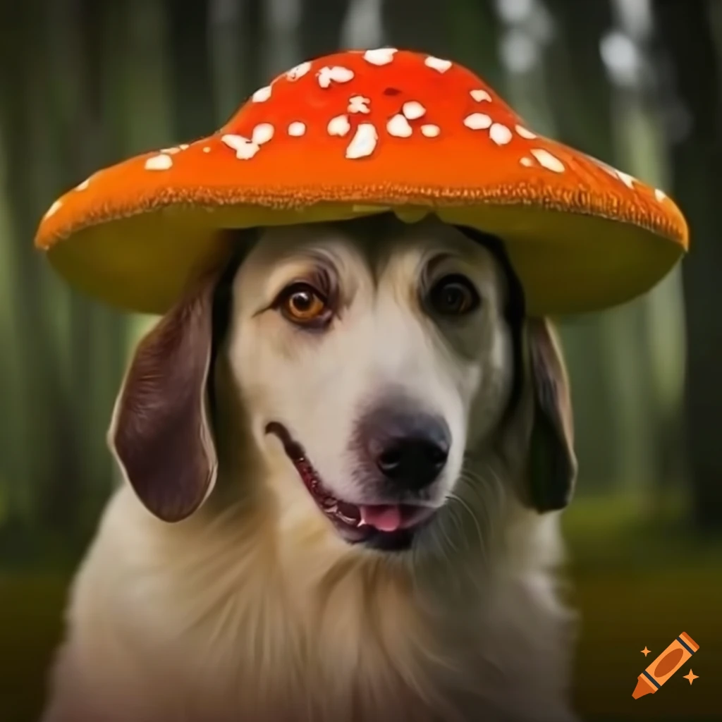 Dog wearing a mushroom hat in the forest on Craiyon