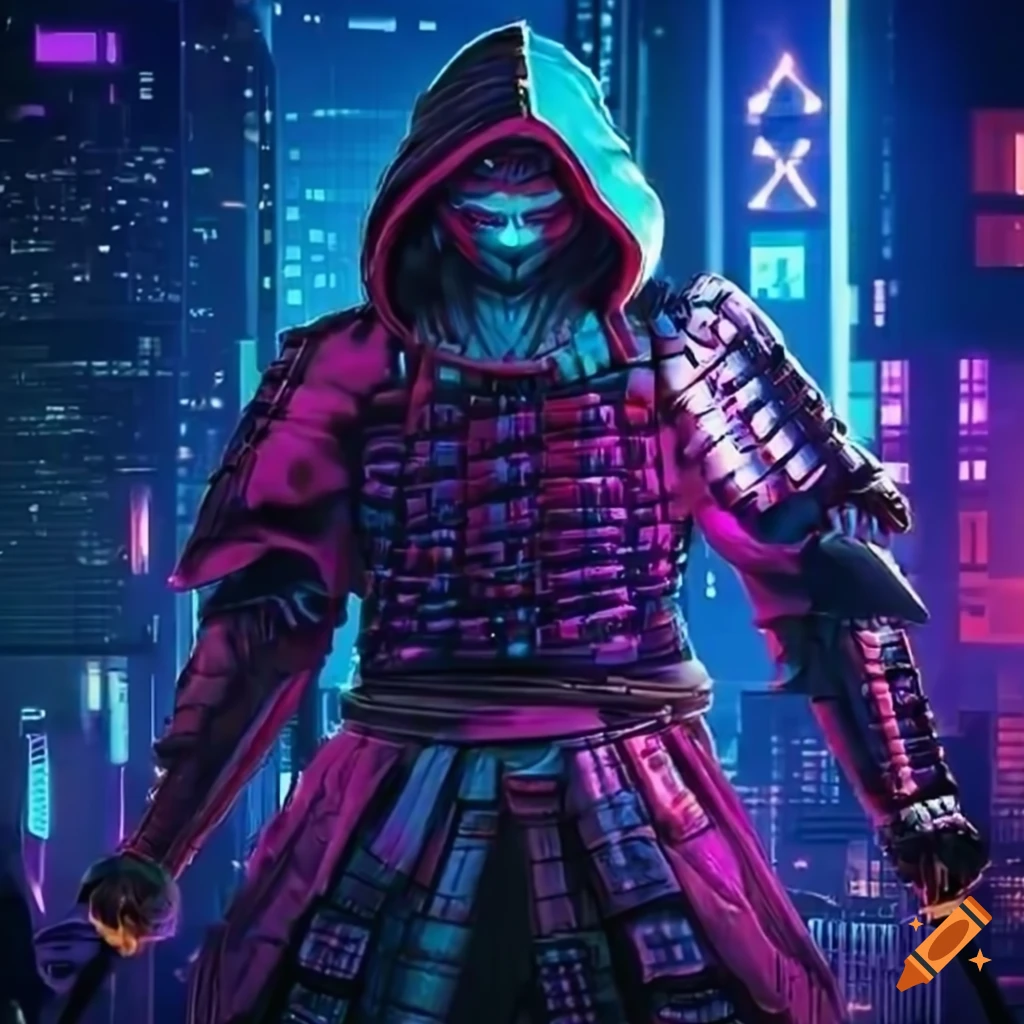 CyberNeon Samurai, city, cyber, cyberpunk, cyberpunk 2077