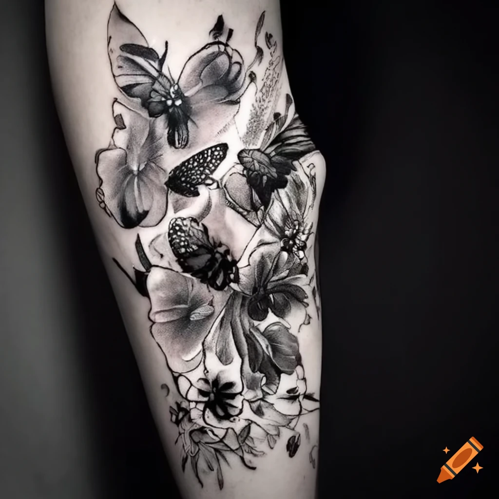 colorful butterfly and floral forearm tattoo
