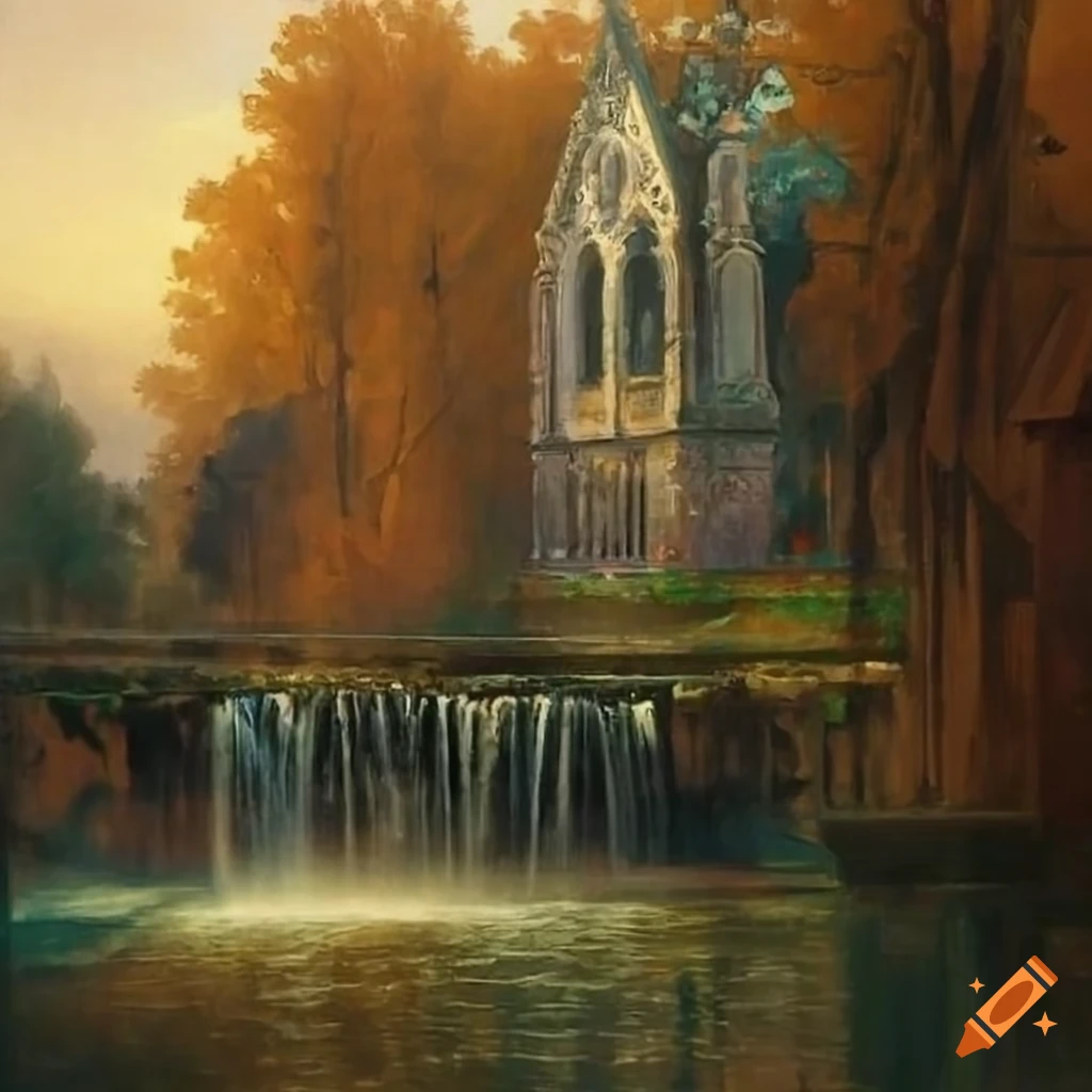 painting of a Victorian garden with a pond and cathedral