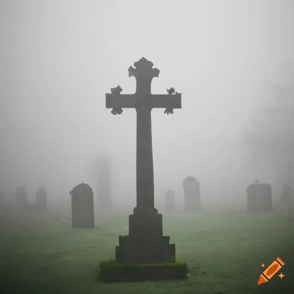 misty cross in a graveyard