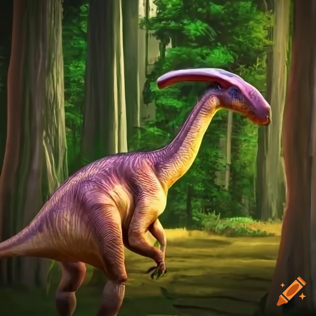 illustration of a parasaurolophus in a forest