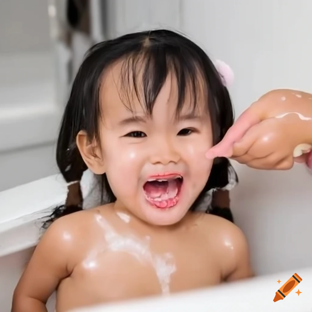 happy toddler girl with pigtails enjoying bath time