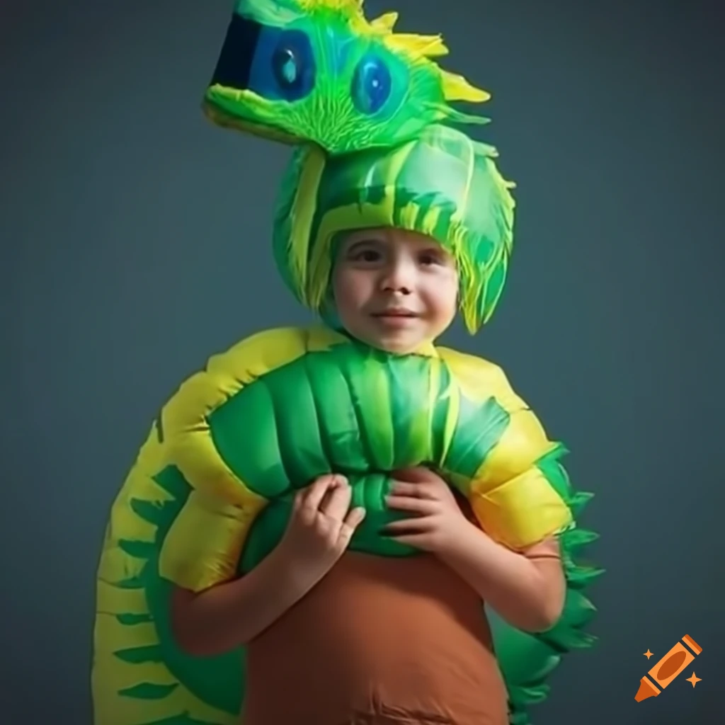 Child wearing a puffy green tail costume on Craiyon