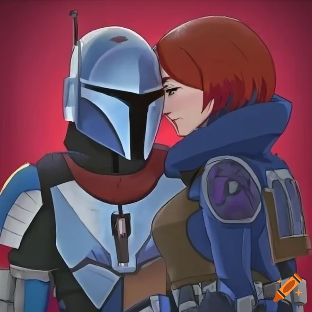 Bo-Katan kissing Mando on his helmet on Craiyon