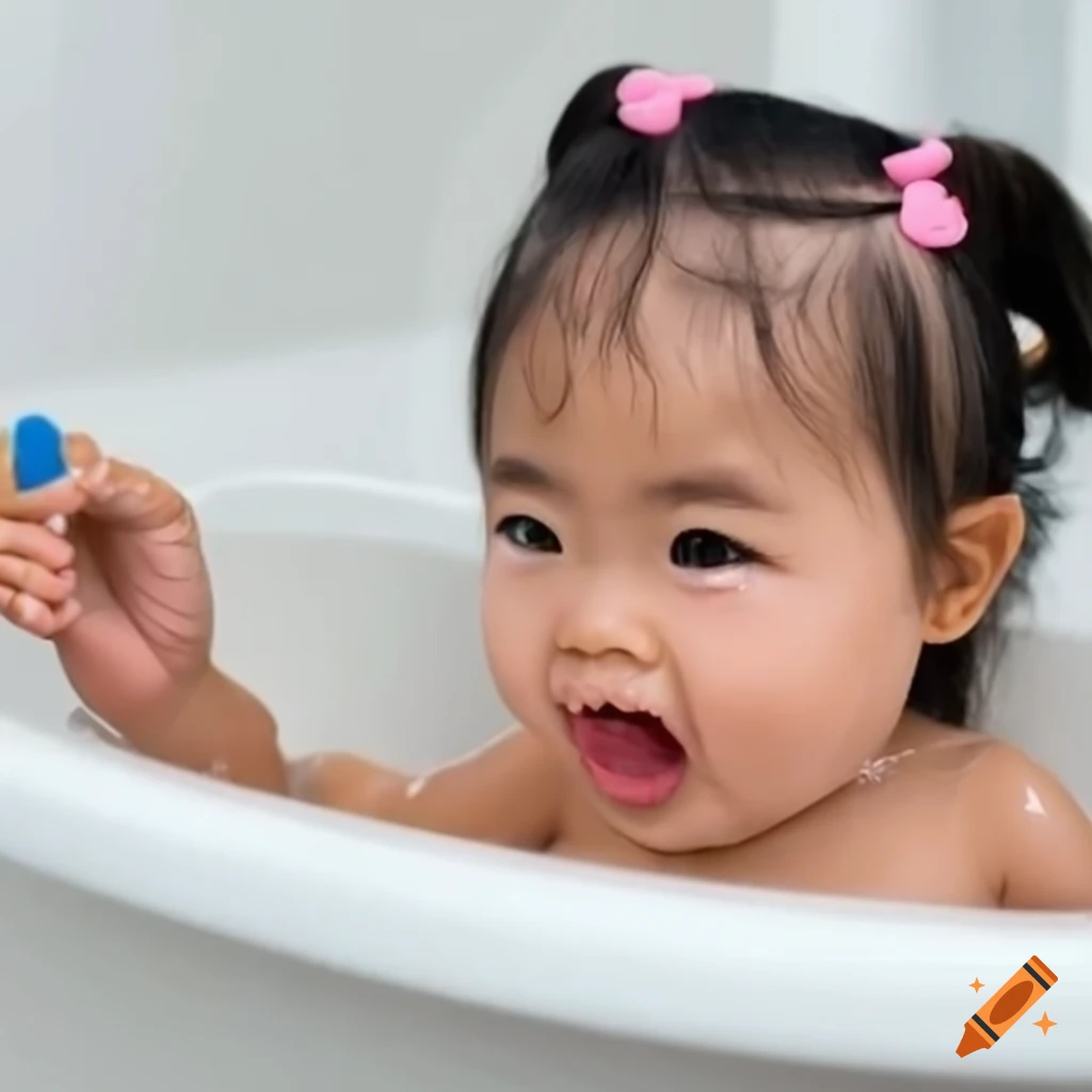 smiling toddler girl with pigtails enjoying bath time