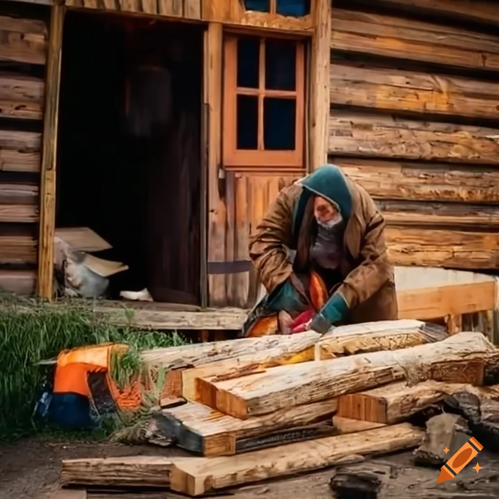 image of a man cutting wood next to a house