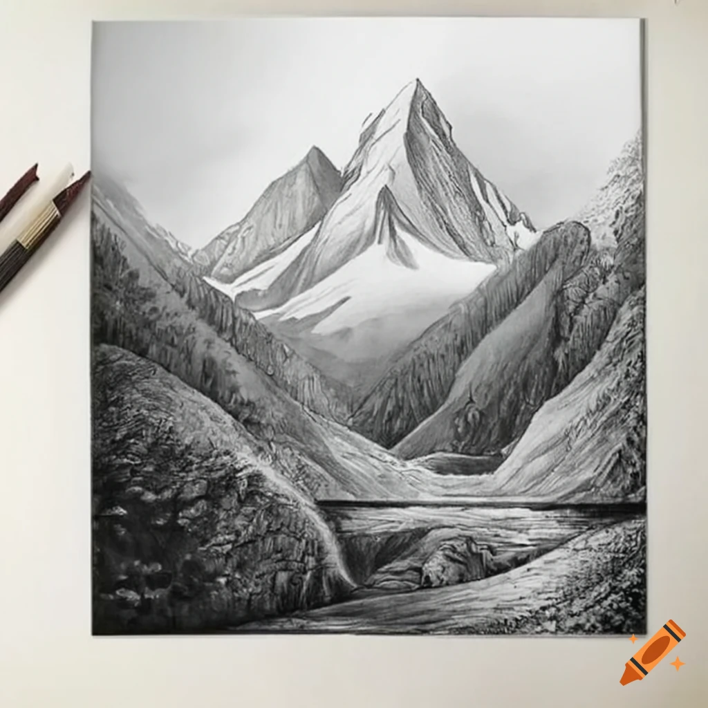 charcoal pencil sketch of mountains, lower third, high | Stable Diffusion