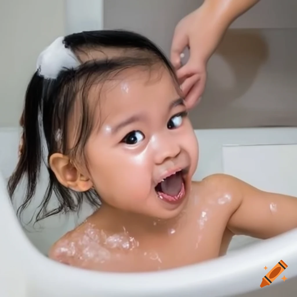 smiling Asian toddler girl enjoying bath time