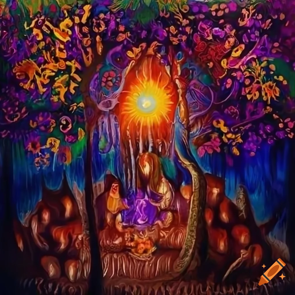 pintura a óleo de uma família em um ritual de ayahuasca na floresta