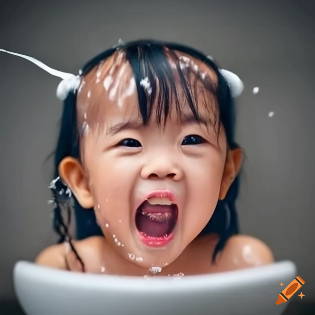 smiling Asian toddler girl enjoying bath time