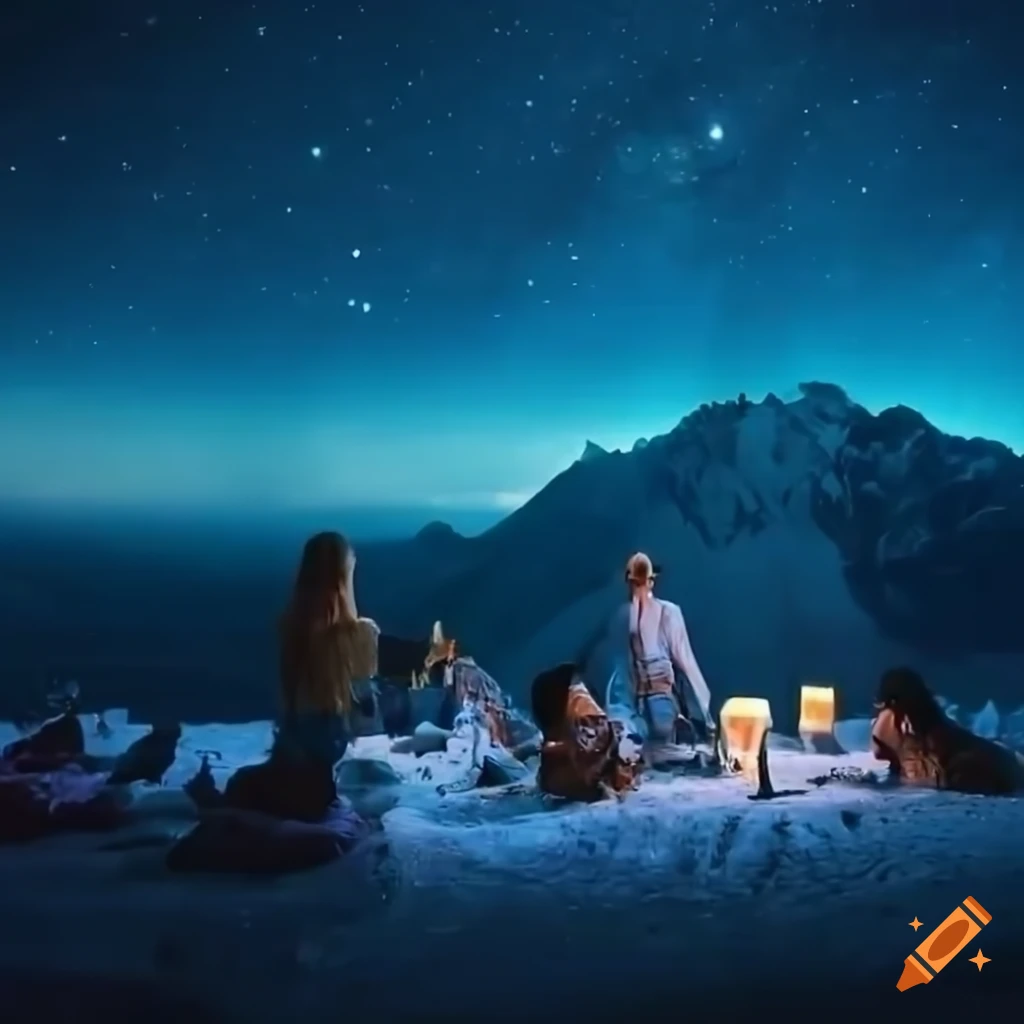 group of friends enjoying a movie night on the mountain