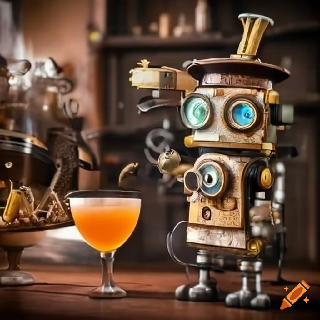 cartoon steampunk robot serving a cocktail