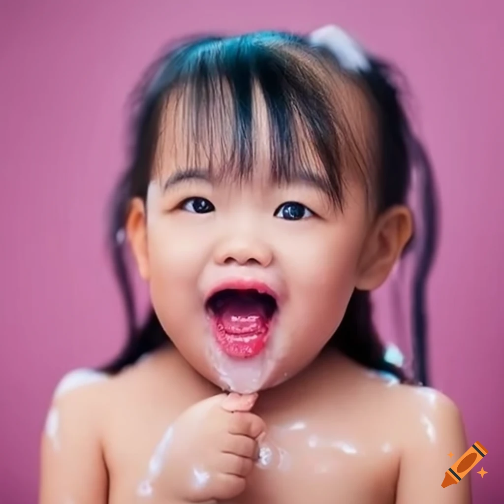 Asian toddler girl enjoying bath time with pigtails and a popsicle