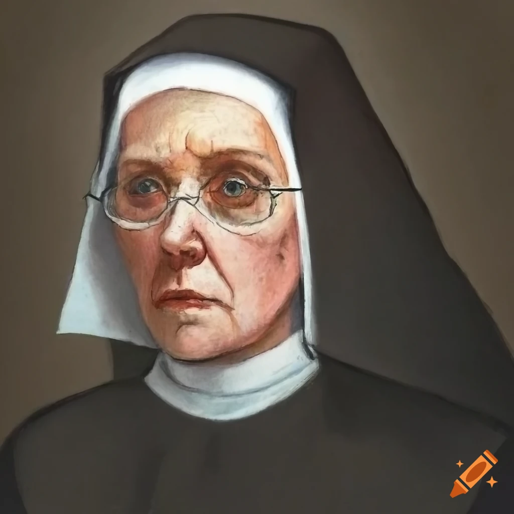 Oil Pastel Artwork Of A Stern Looking Nun 