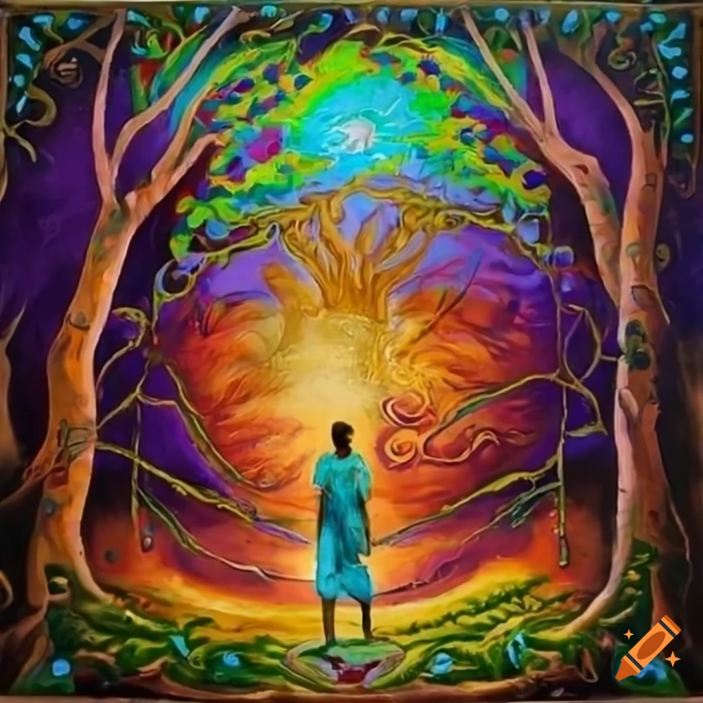 oleo painting of a family in a forest ritual with ayahuasca