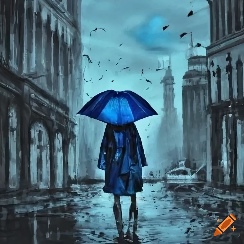 painting of a woman in a blue raincoat standing in the rain with an umbrella
