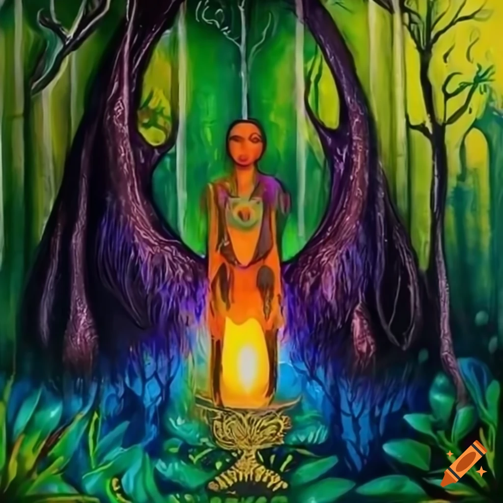 pintura a óleo de uma família em um ritual de ayahuasca na floresta