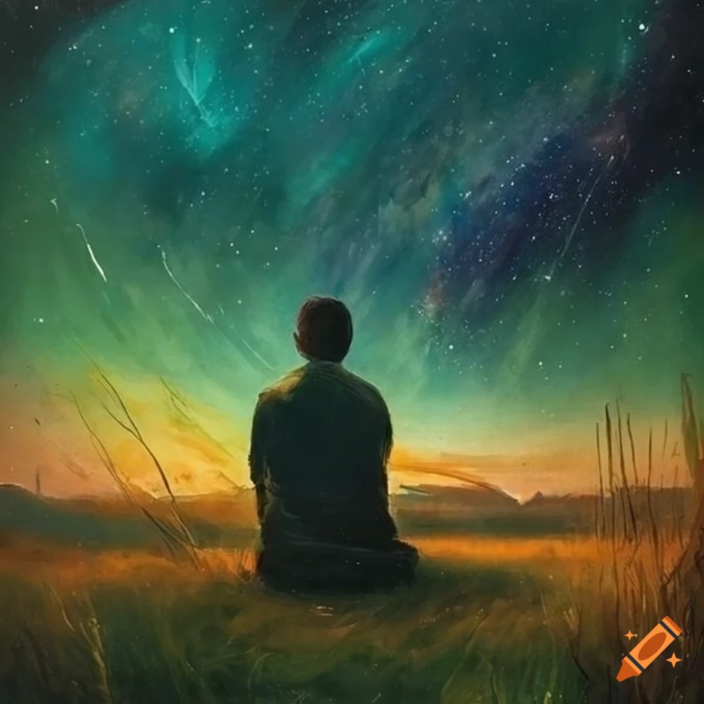 Painting Of A Man Sitting Alone Under A Starry Night Sky On Craiyon