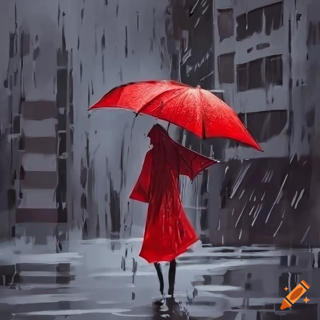 abstract artwork of a lady in red walking in the rain