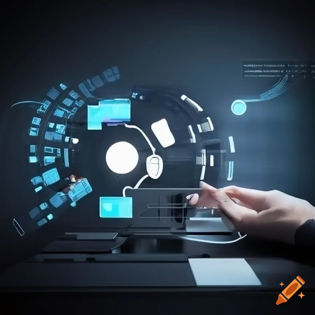 futuristic customer service desk with advanced technology